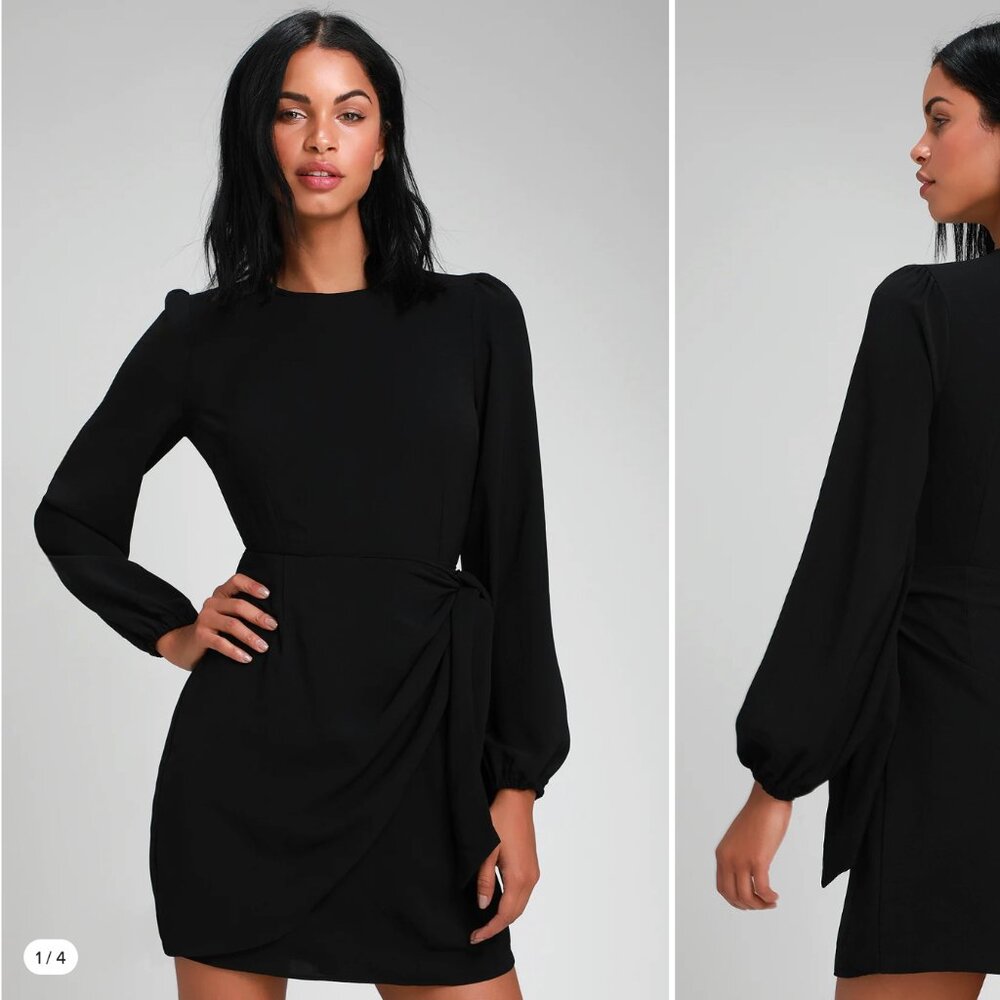 Lulu Dress Brand New - Believe It or Knot Black Long Sleeve Tie-Front Skater